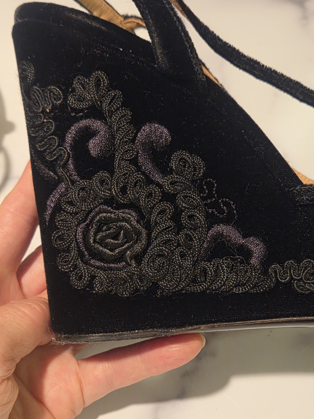 Salvatore Ferragamo Black Velvet Strappy Wedge Sandals - Picture 10 of 12